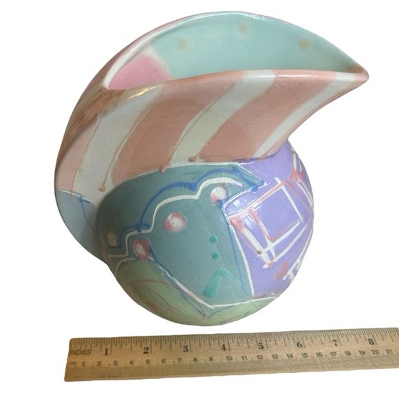 Ceramic Pitcher Vase Post Modern 1980s Colorful Pastel Artisan Signed Pink Blue - Picture 10 of 10